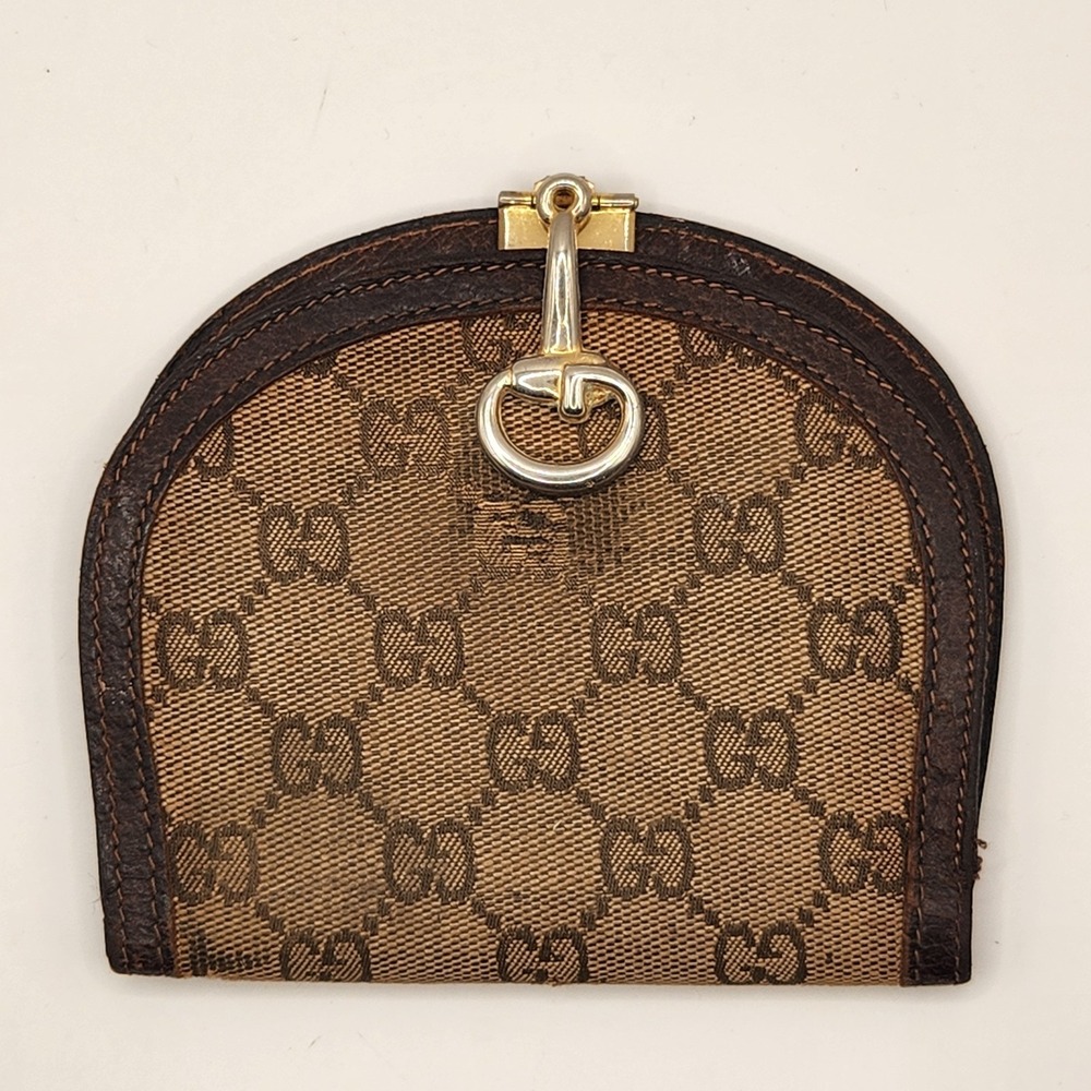 Vintage Authentic Gucci GG Monogram Horsebit Coin Purse Canvas Leather Italy